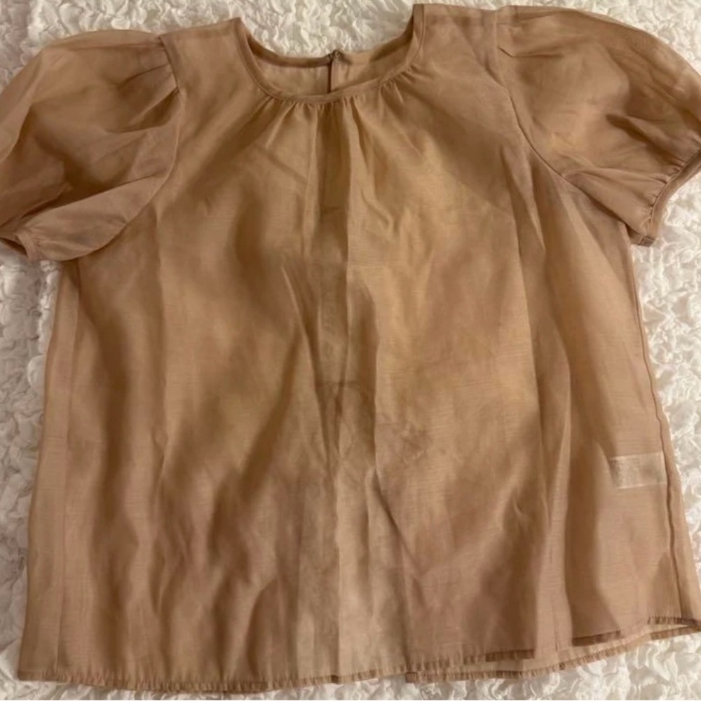 Tan Puff Sleeve Blouse GU sheer top NWOT M
